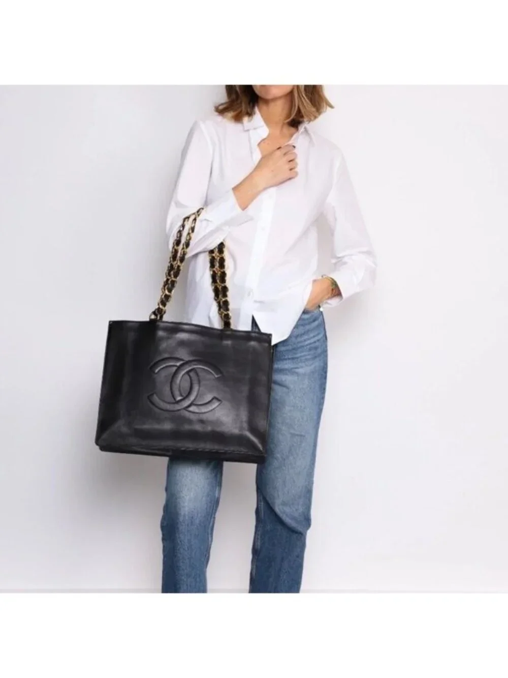 Authentic CHANEL Jumbo XL Shopping Tote Bag Timeless Classic Black Lambskin